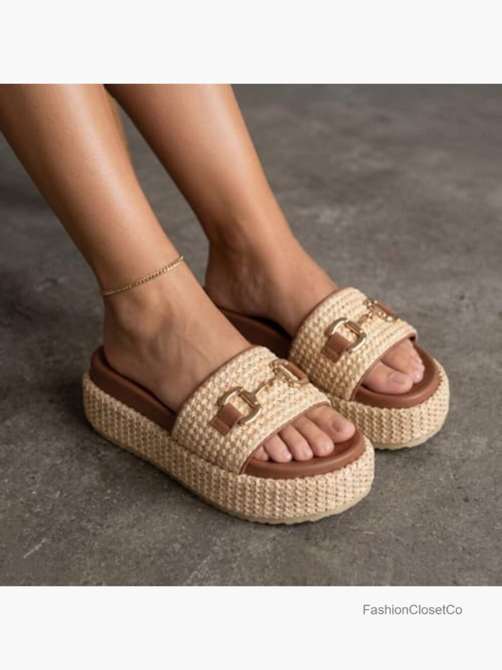 Women's Raffia Platform Sandals Woven Straw Espadrilles Slip On Slides - Picture 3 of 7